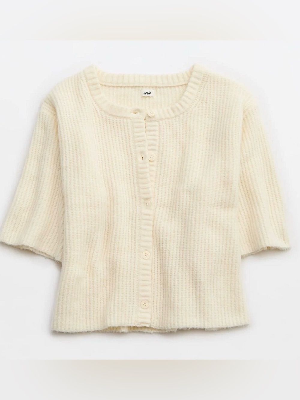 Aerie Ivory Short-Sleeve Ribbed Button Cardigan